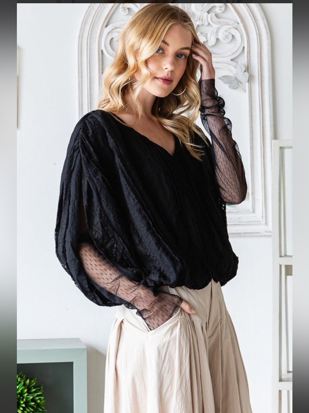 Oli & Hali Black V-Neck Blouse with Sheer Dotted Sleeves